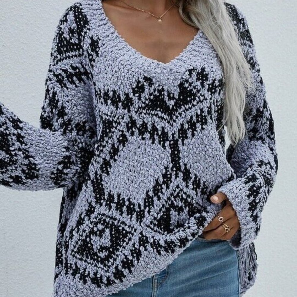 Anna-Kaci v-neck sweater grey/black small Fall Winter spring Pullover # 375